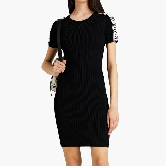 MICHAEL Michael Kors Jacquard Trimmed Ribbed Knit Bodycon Black Dress Size M - Picture 1 of 16